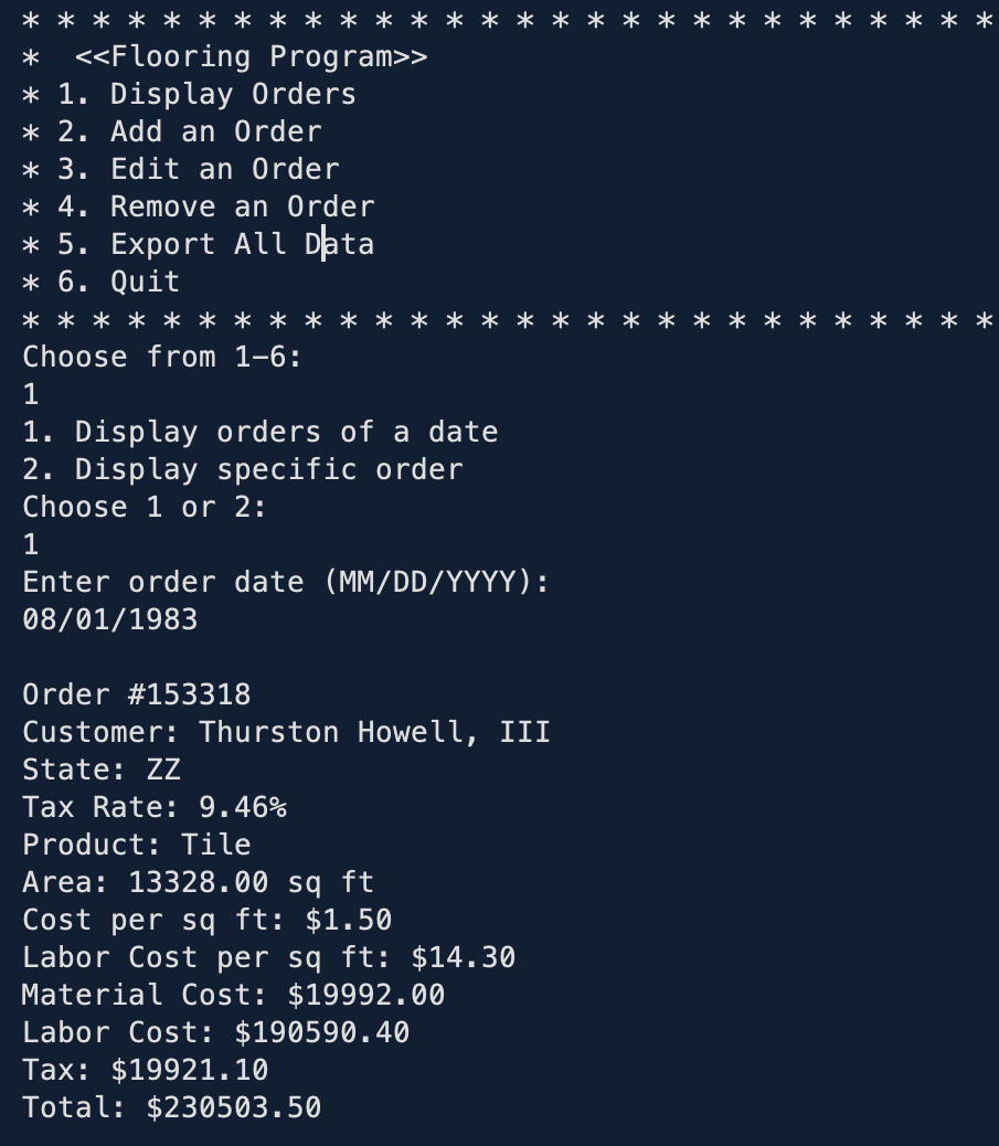 Screenshot of Flooring Orders project